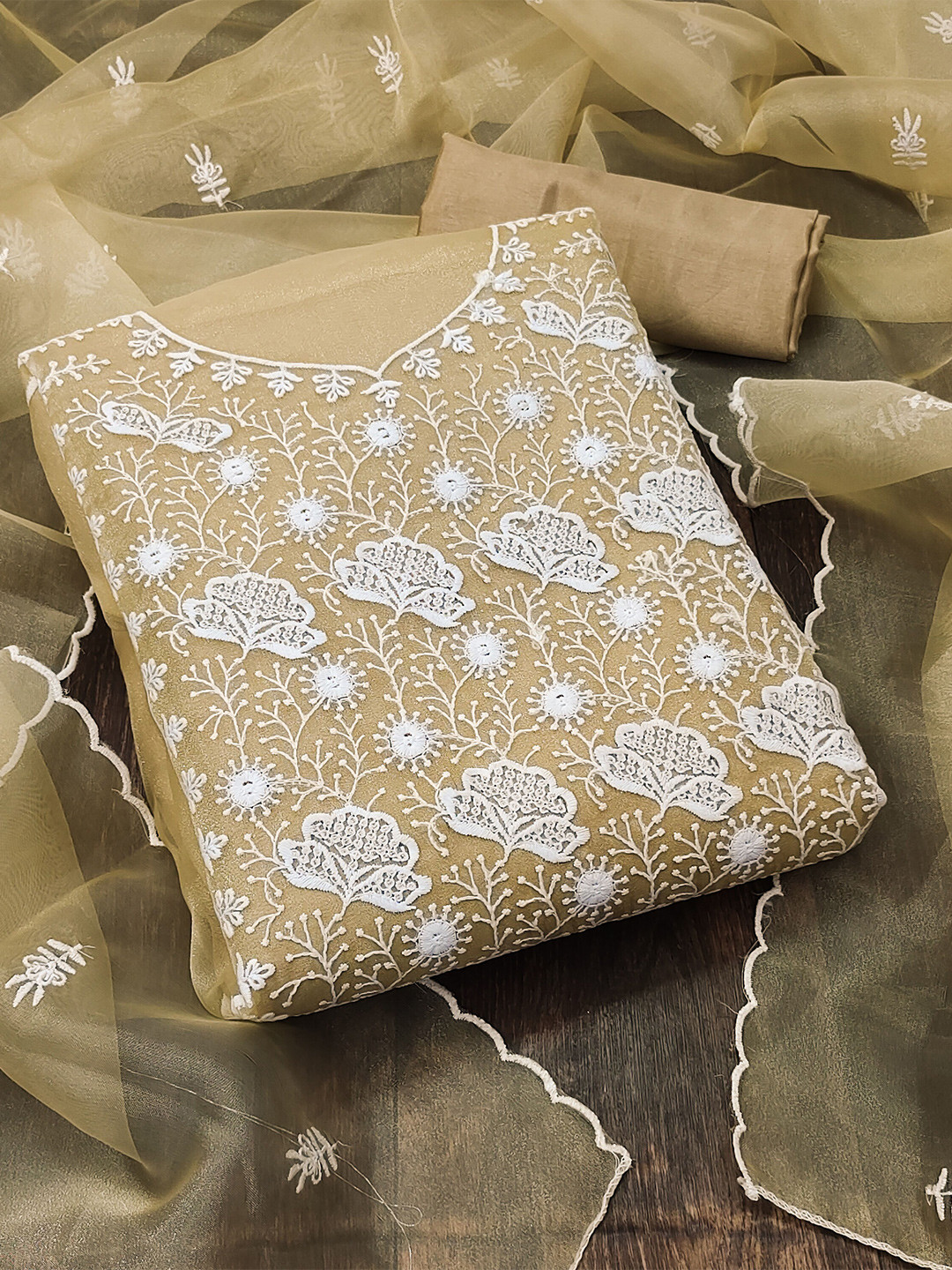 KALINI Beige & White Embroidered Organza Unstitched Dress Material