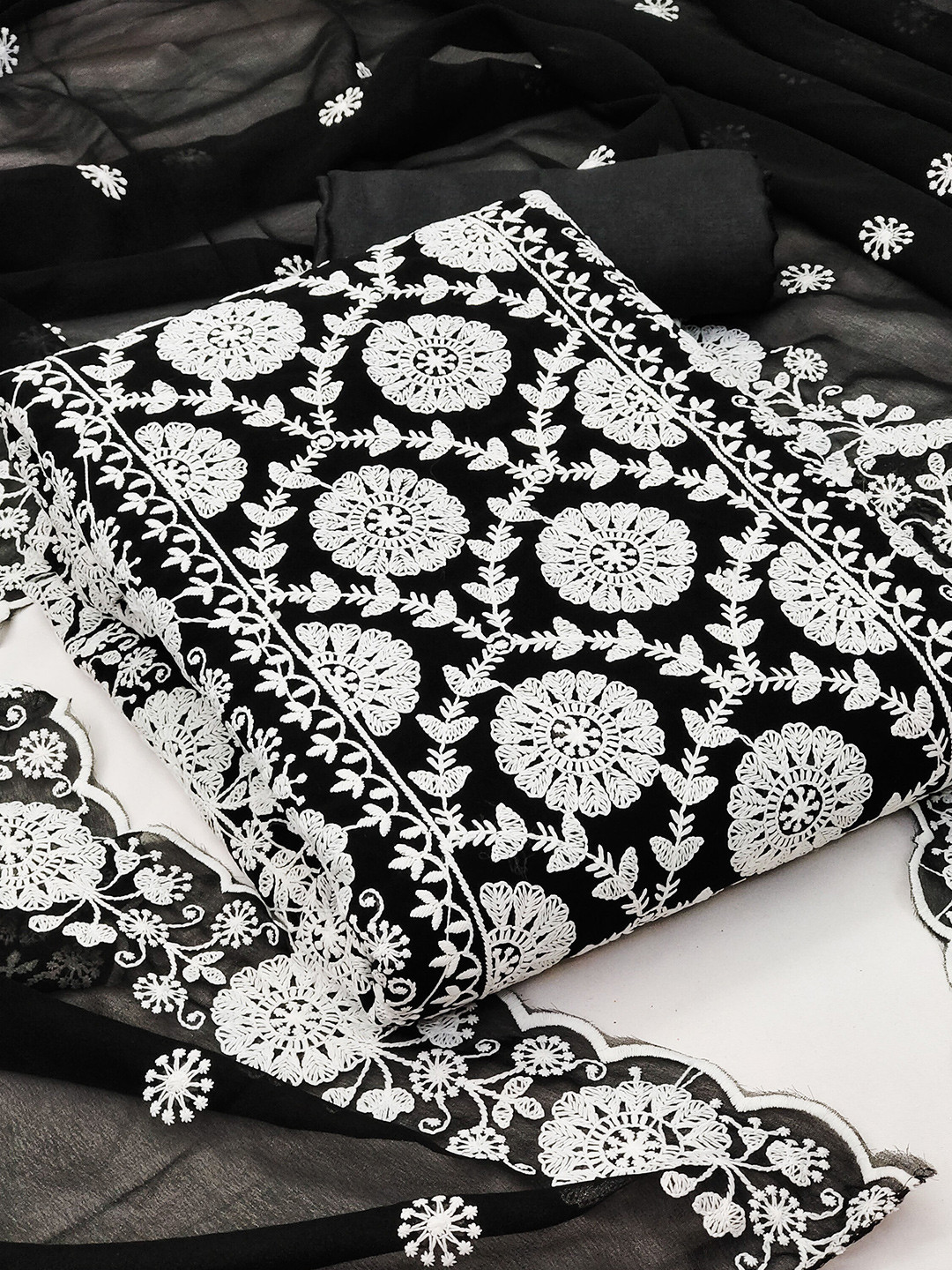 KALINI Black & White Embroidered Silk Georgette Unstitched Dress Material