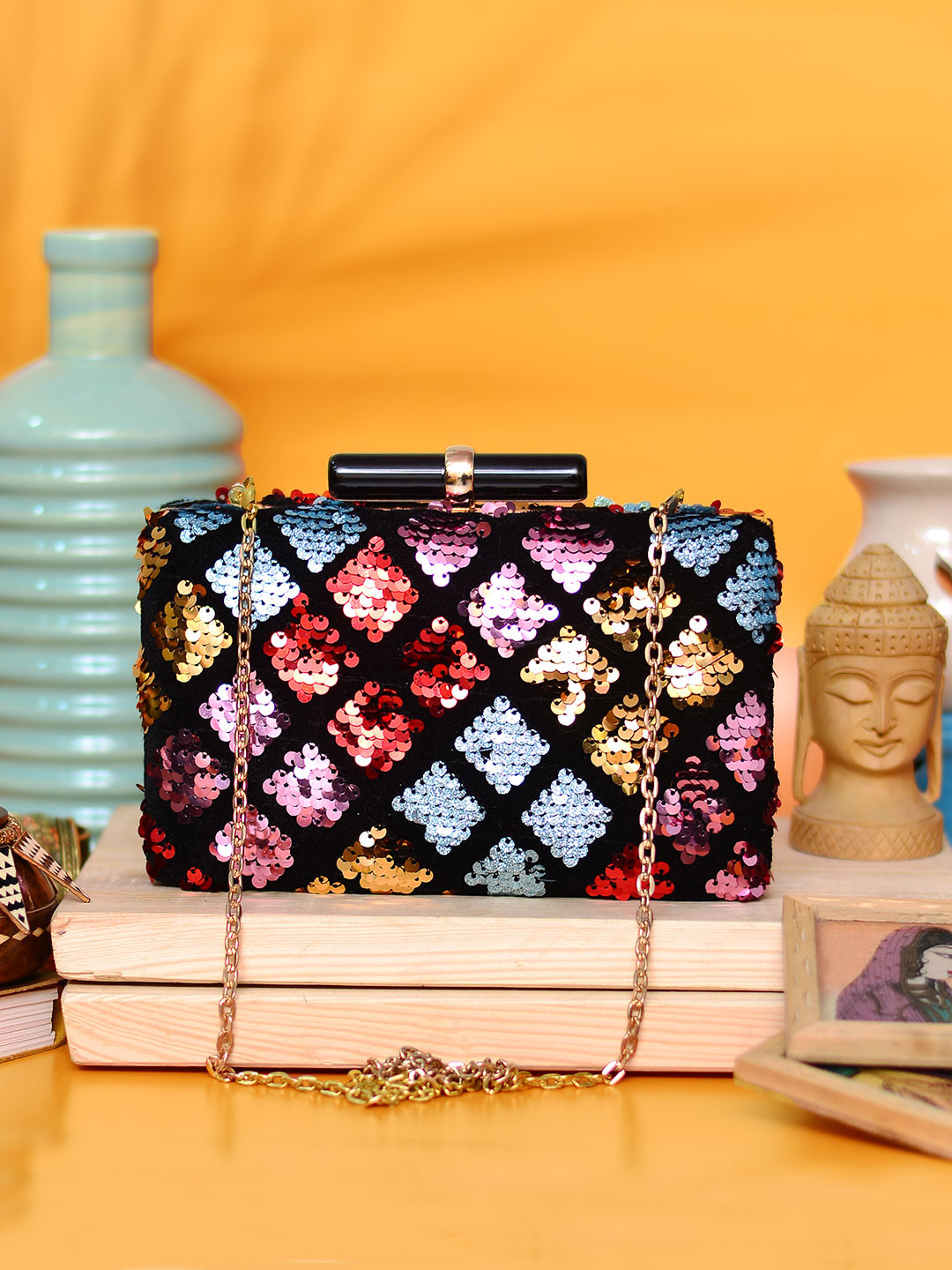 ARTKLIM Black & Blue Embellished Box Clutch