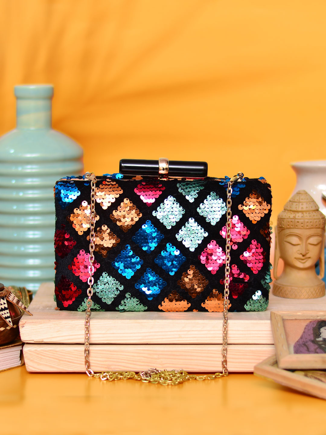 ARTKLIM Black & Blue Embroidered Box Clutch