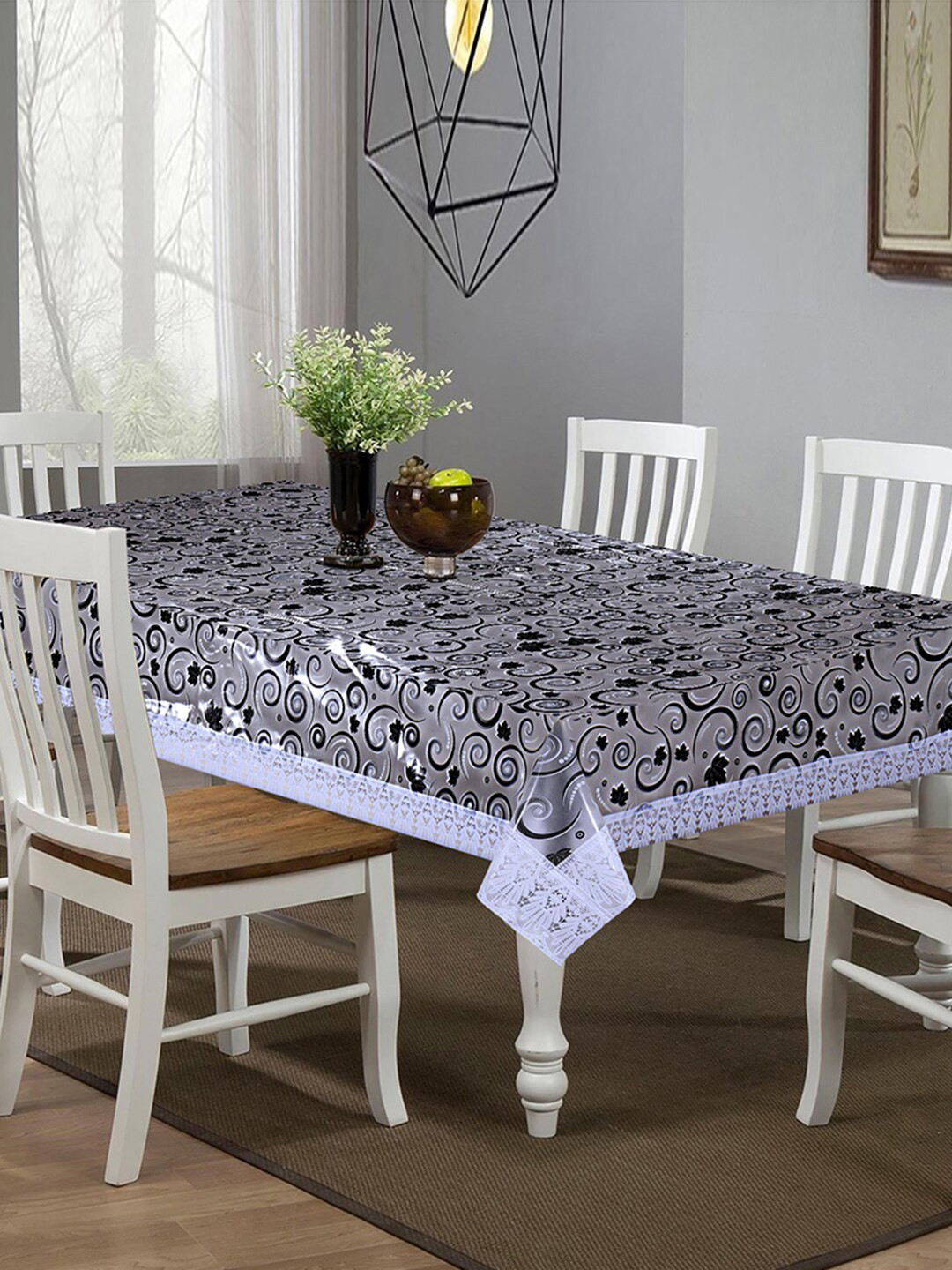 Kuber Industries White & Black Set Of 2 Spiral Printed Waterproof Table Covers