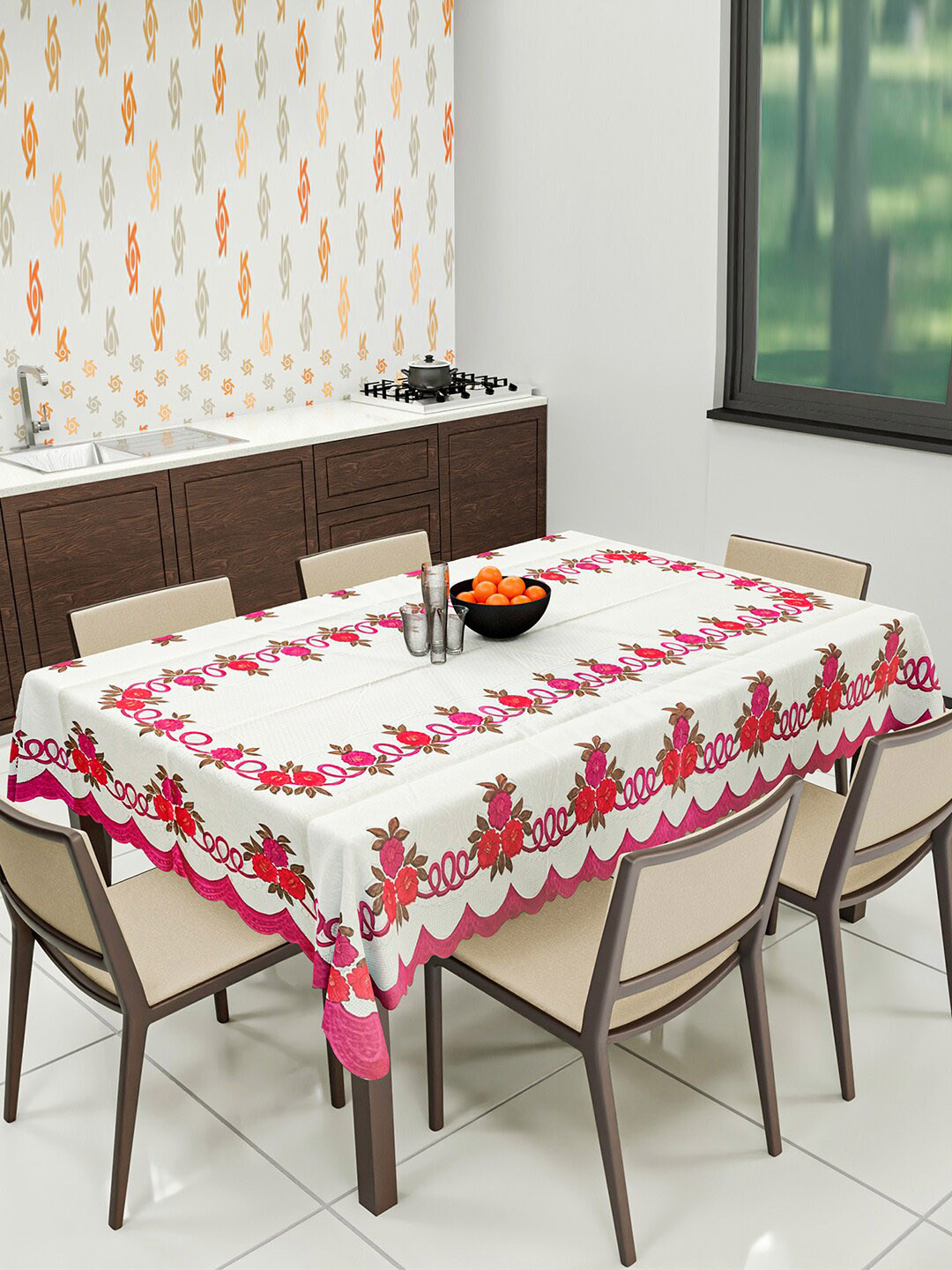 Kuber Industries Cream Pink Cotton Floral Decorative Dining Tablecloth