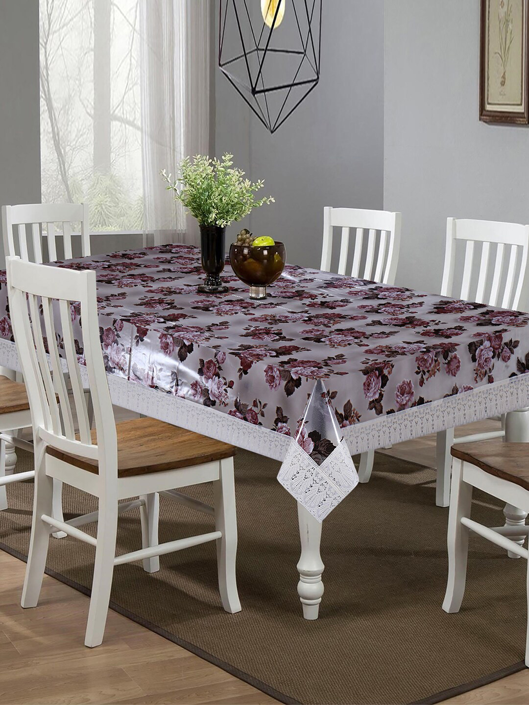 Kuber Industries Grey & White Floral Printed Waterproof Dining Table Cover