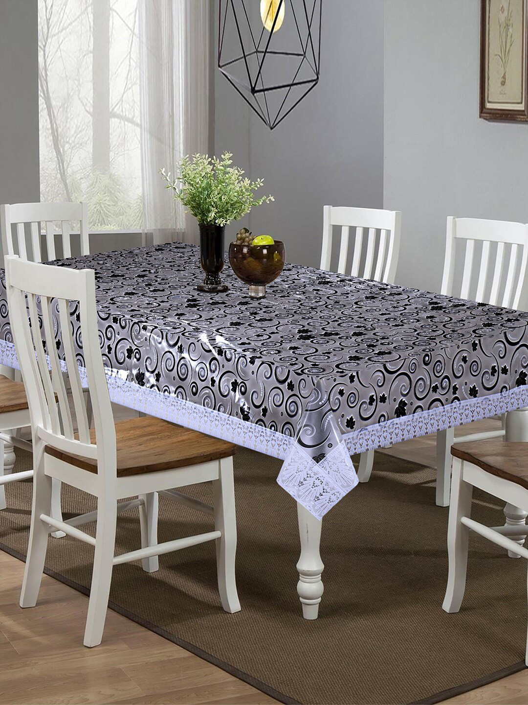Kuber Industries White & Black Spiral Printed Waterproof 6-Seater Table Covers