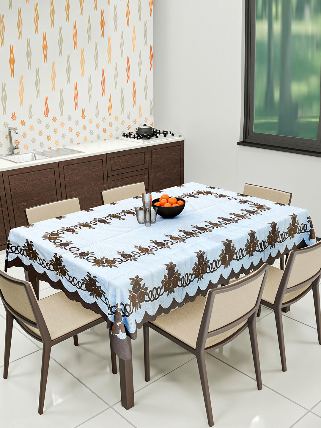 Kuber Industries White & Brown Floral Printed Waterproof Cotton Dining Table Cover
