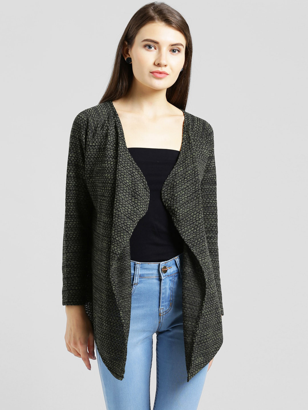 Be Indi Women Self Design Longline Cotton Lapel Shrug