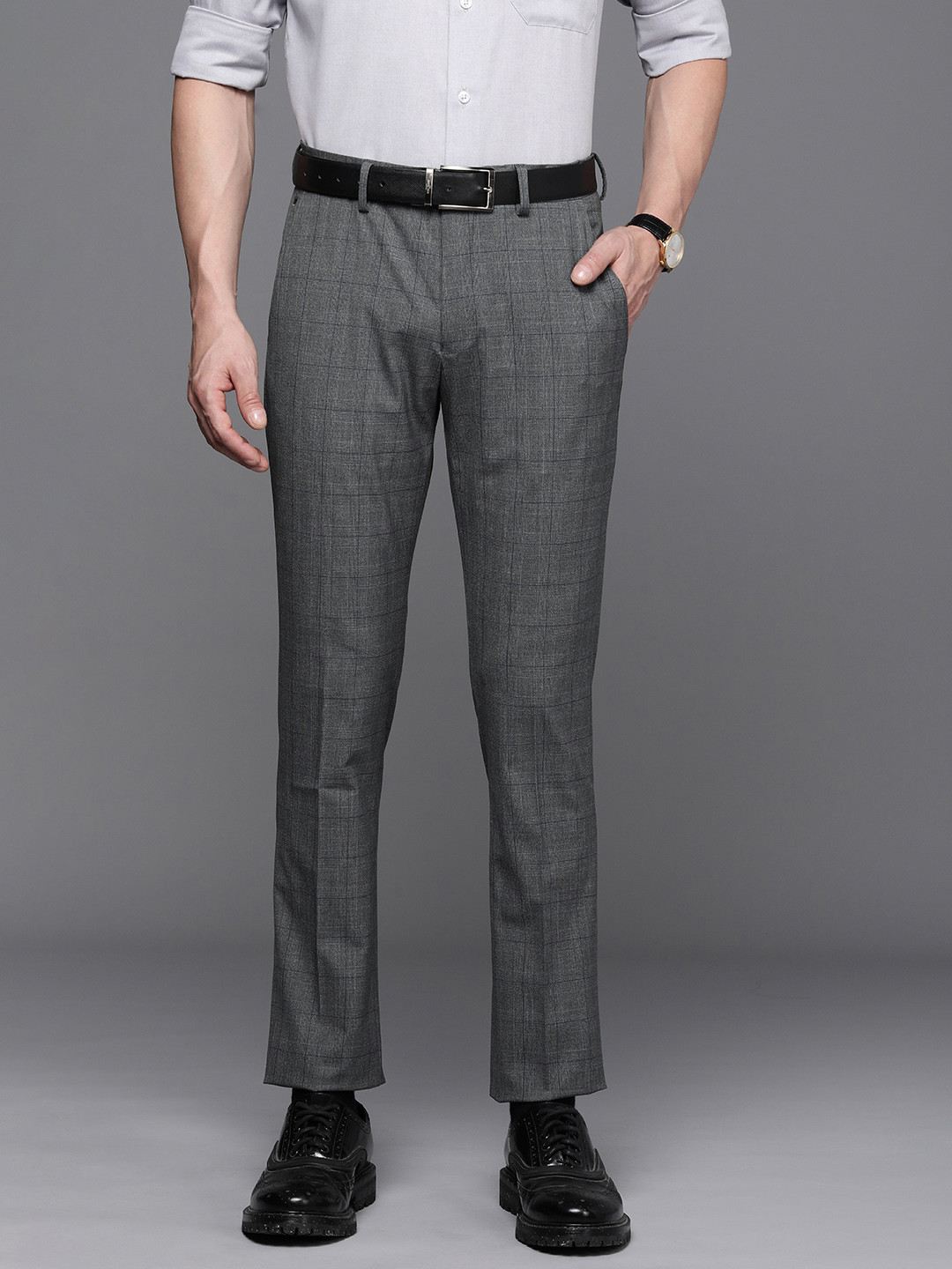 Louis Philippe Men Checked Super Slim Fit Stain Resistant Formal Trousers