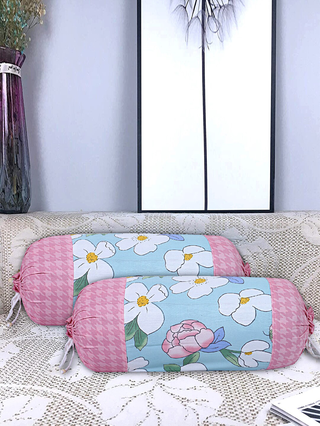 Kuber Industries Blue & Pink Set Of 6 Printed Cotton Bolster Covers With Drawstring