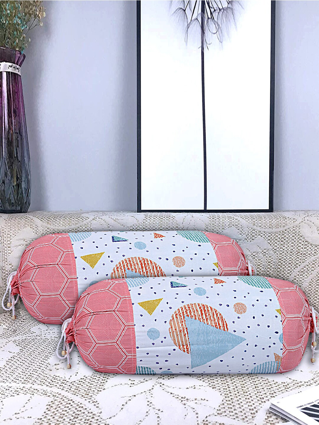 Kuber Industries Pink & White Set Of 4 Geometric Pattern Printed Cotton Bolster Covers