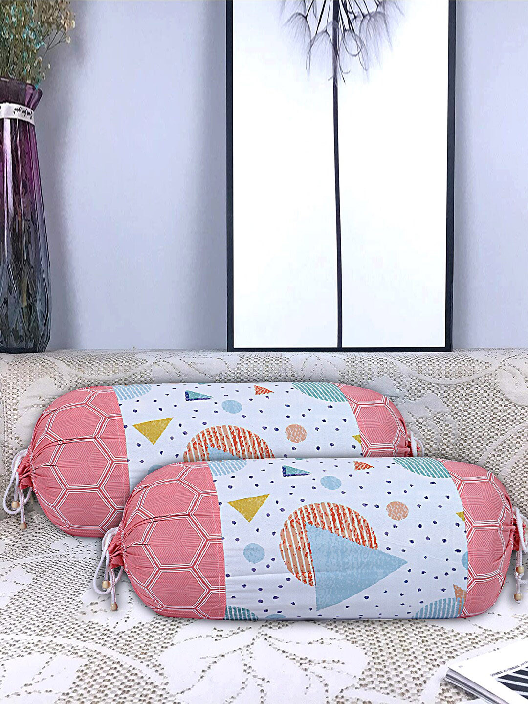 Kuber Industries Peach-Coloured & White Set Of 6  Printed Cotton Bolster Covers