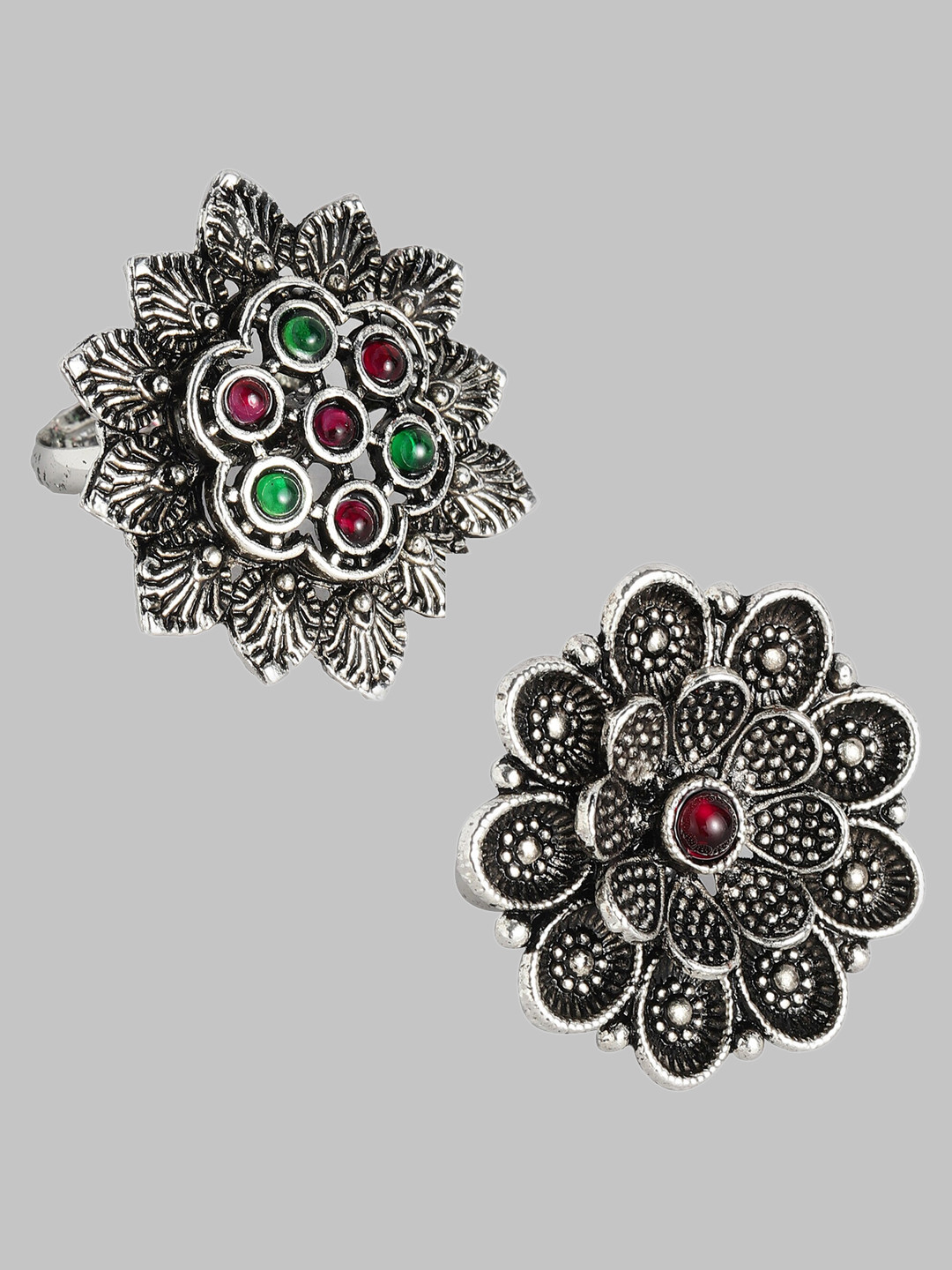 Kord Store Set Of 2 Rhodium-Plated Oxidesed Stones Studded Finger Ring