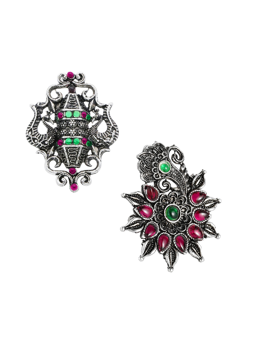 Kord Store Set Of 2 92.5 Sterling Silver Rhodium-Plated Stone-Studded Adjustable Finger Ring