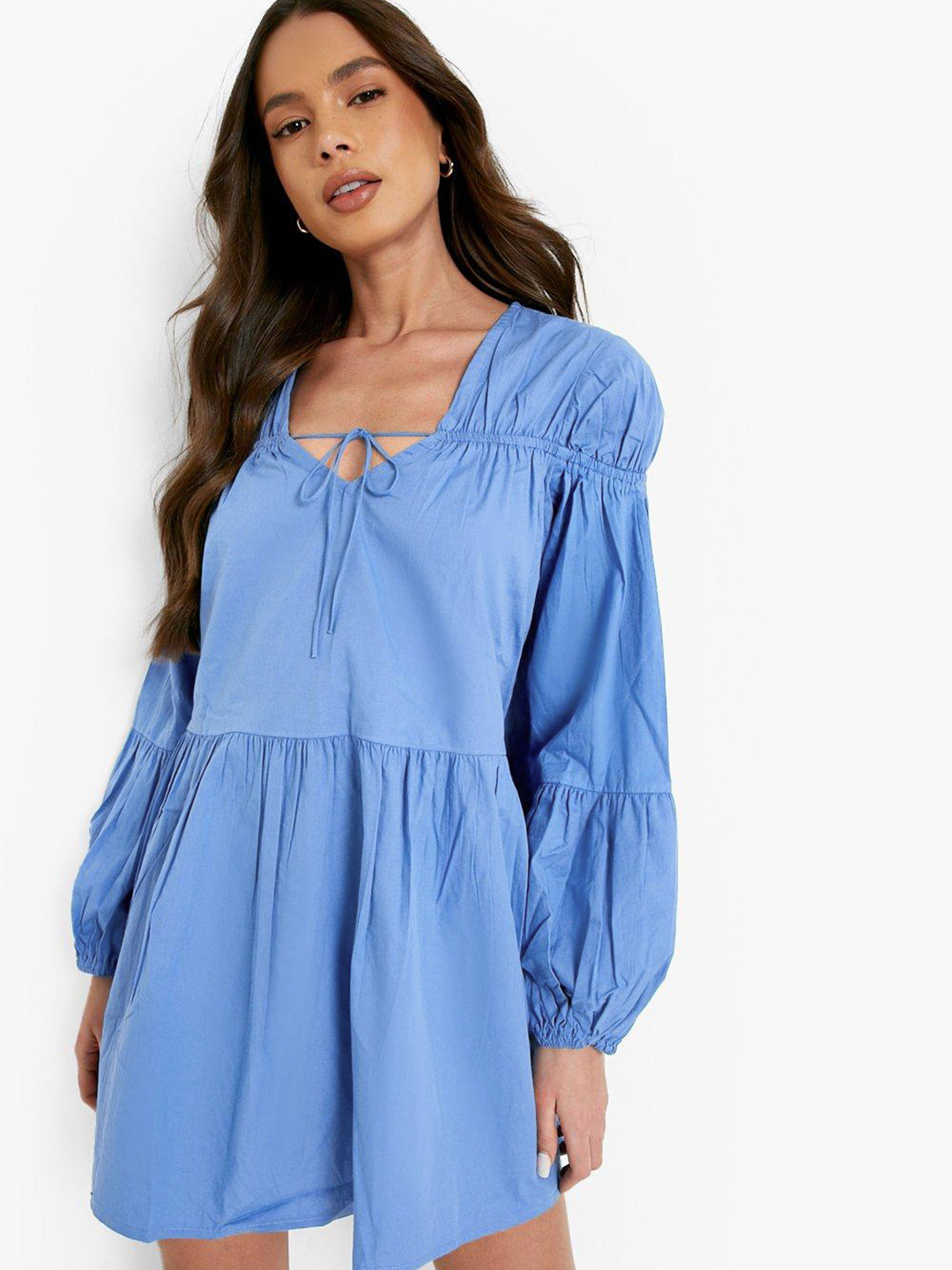 Boohoo Pure Cotton Tie-Up Neck A-Line Mini Dress