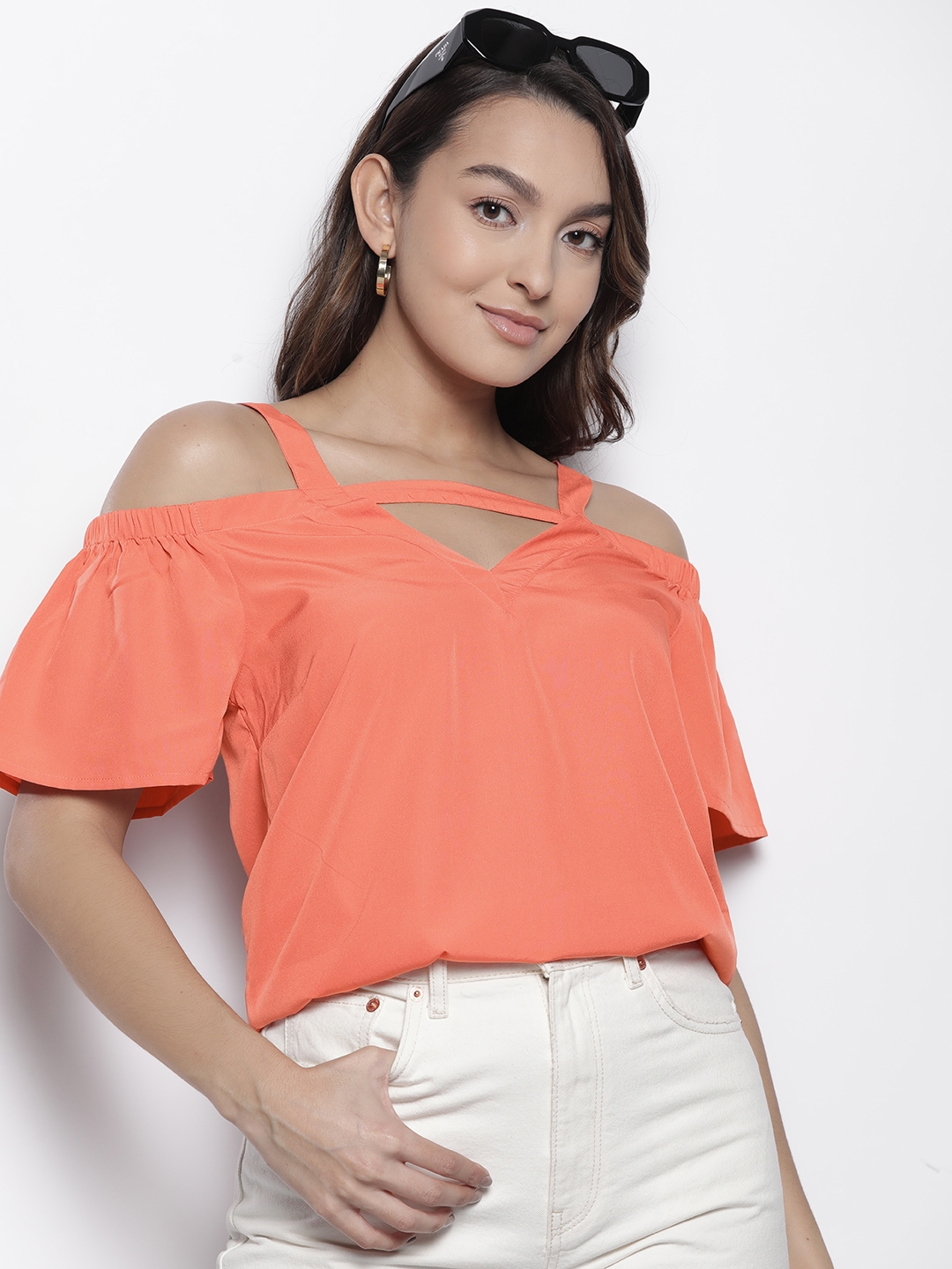 Boohoo Cold-Shoulder Cut-Out Detail Woven Top