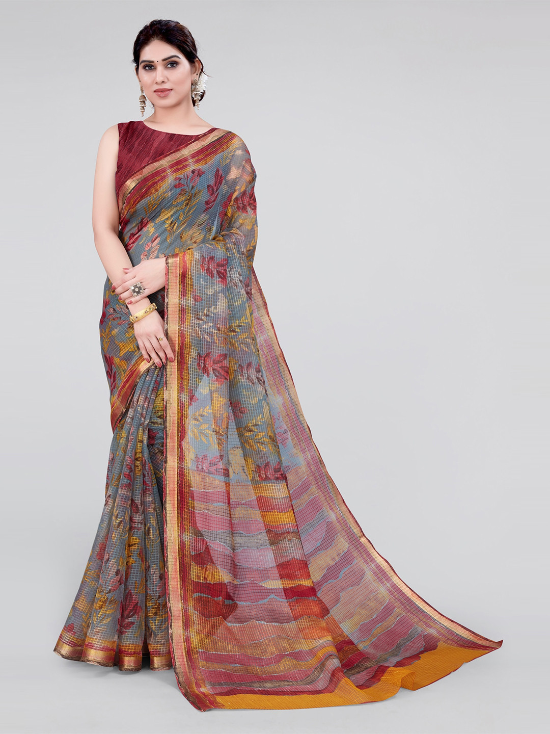 KALINI Grey & Maroon Floral Zari Organza Saree