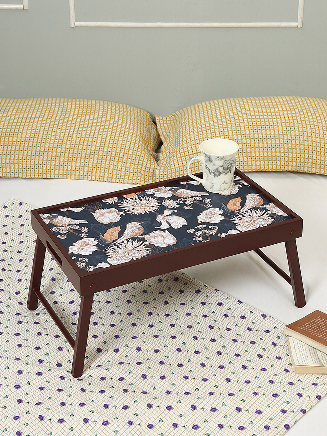 Reinvention Factory Navy Blue & Brown Printed Wood Foldable Bed Tray