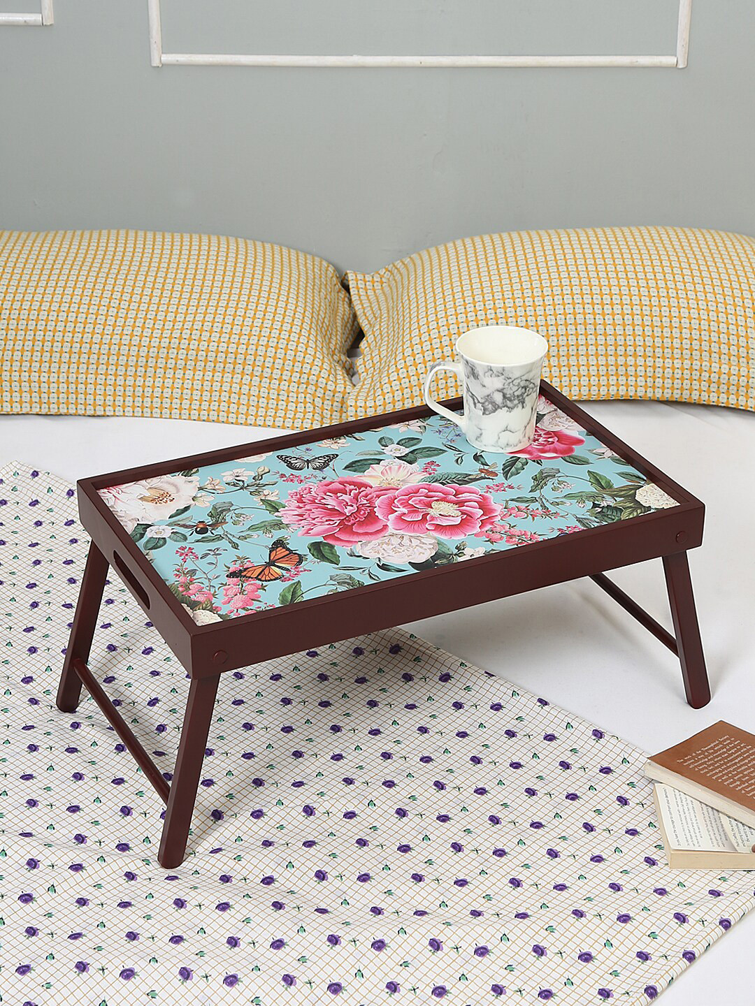 Reinvention Factory Turquoise Blue & Pink Floral Printed Serving Bed Tray