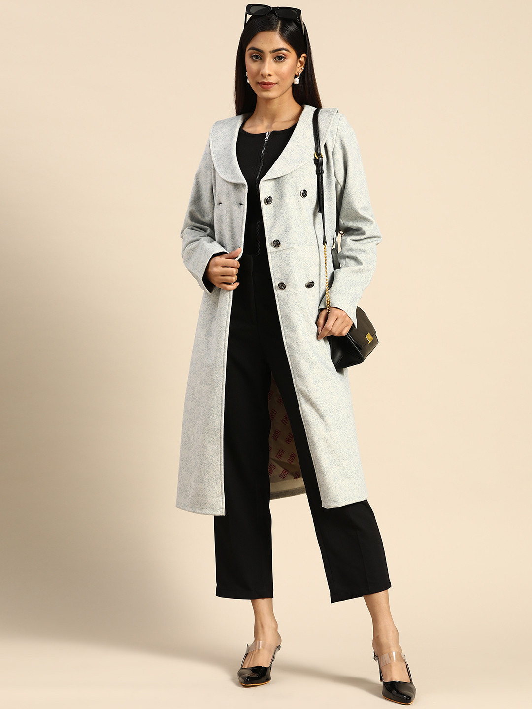 Athena Women Grey Solid Longline Trench Coat
