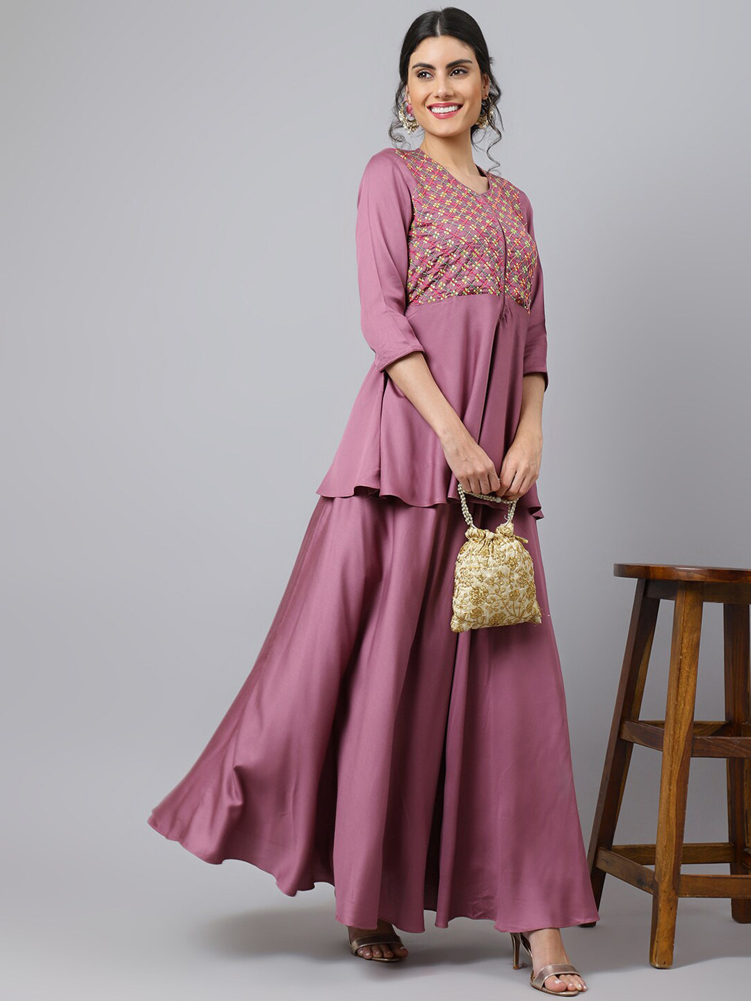 Khushal K  Floral Embroidered Beads and Stones Top with Skirt