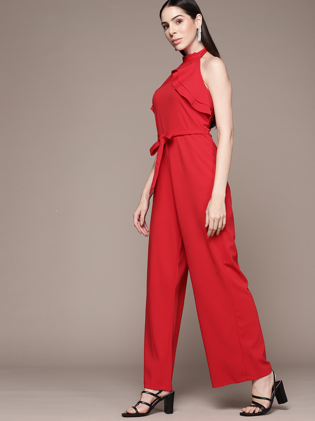 bebe Soft Romance Halter Neck Ruffles Detail Belted Jumpsuit