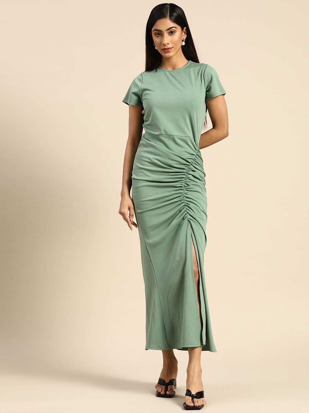 Athena Green Bodycon Ruched Midi Dress