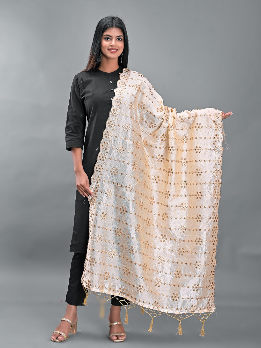 Apratim Striped Crepe Dupatta with Mirror Work