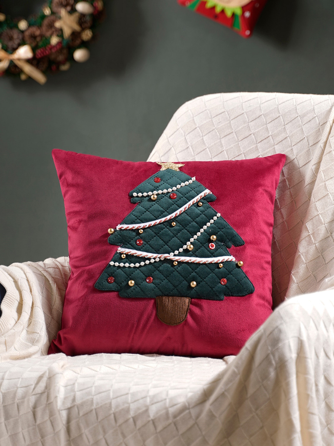 Nestasia Red Geometric Velvet Durable Textured Square Cushion Cover -16x16In