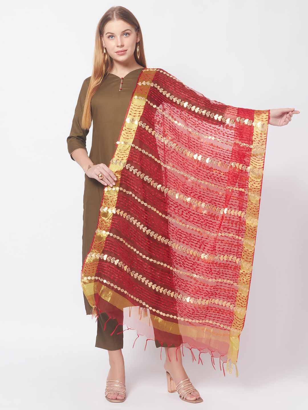 Dupatta Bazaar Red & Gold-Toned Embroidered Organza Dupatta with Thread Work