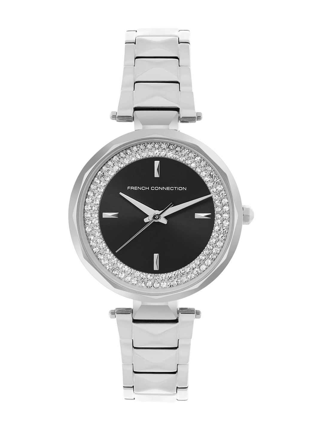 French Connection Women Black Embellished Dial & Silver Toned Metal Straps Analogue Watch