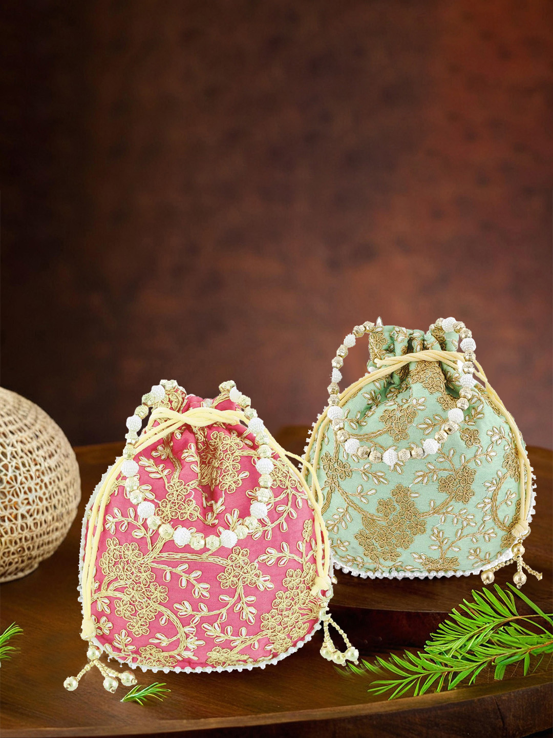 Kuber Industries Pack Of 2 Embroidery Hand Purse With Gold Pearl Border Potli Clutch