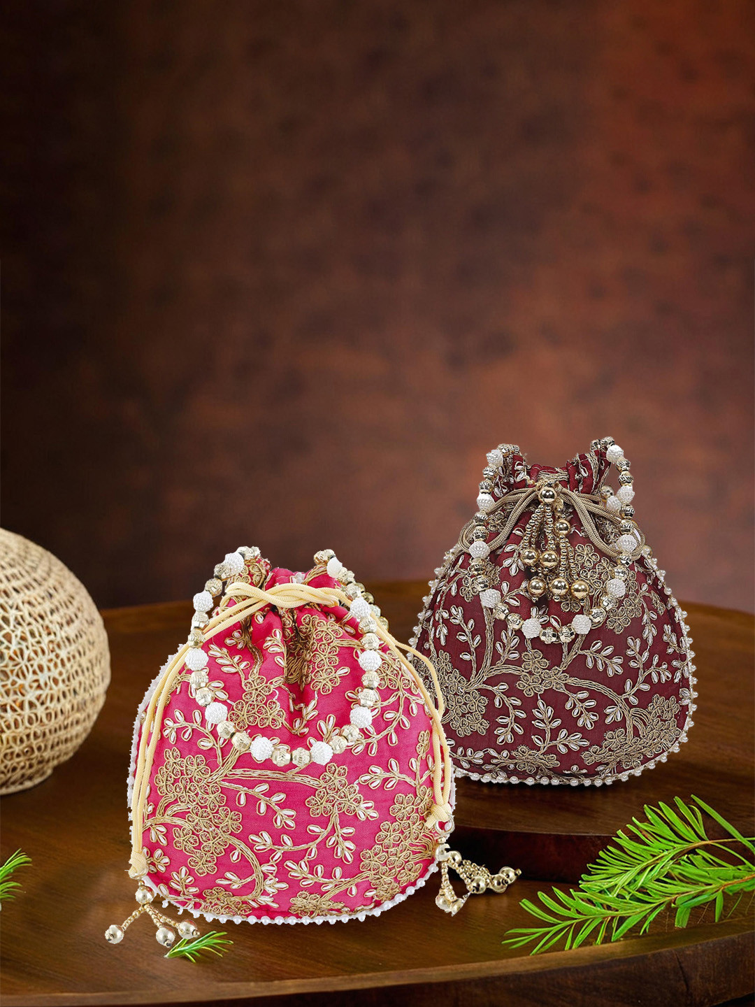 Kuber Industries Pack Of 2 Embroidery Hand Purse With Gold Pearl Border Potli Clutch