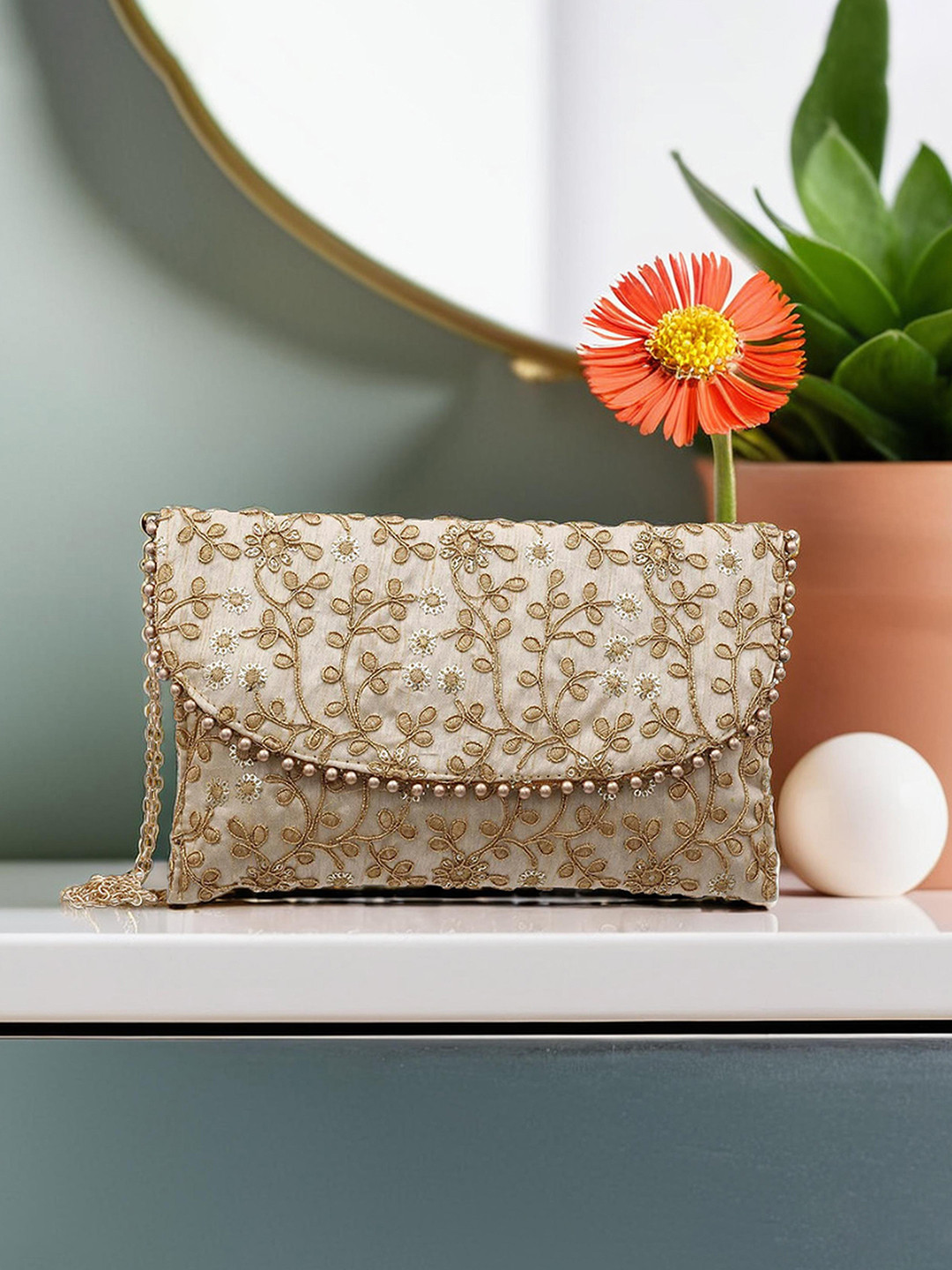 Kuber Industries Embroidery Golden Pearl Border Clutch Hand Purse & Magnetic Lock Envelope