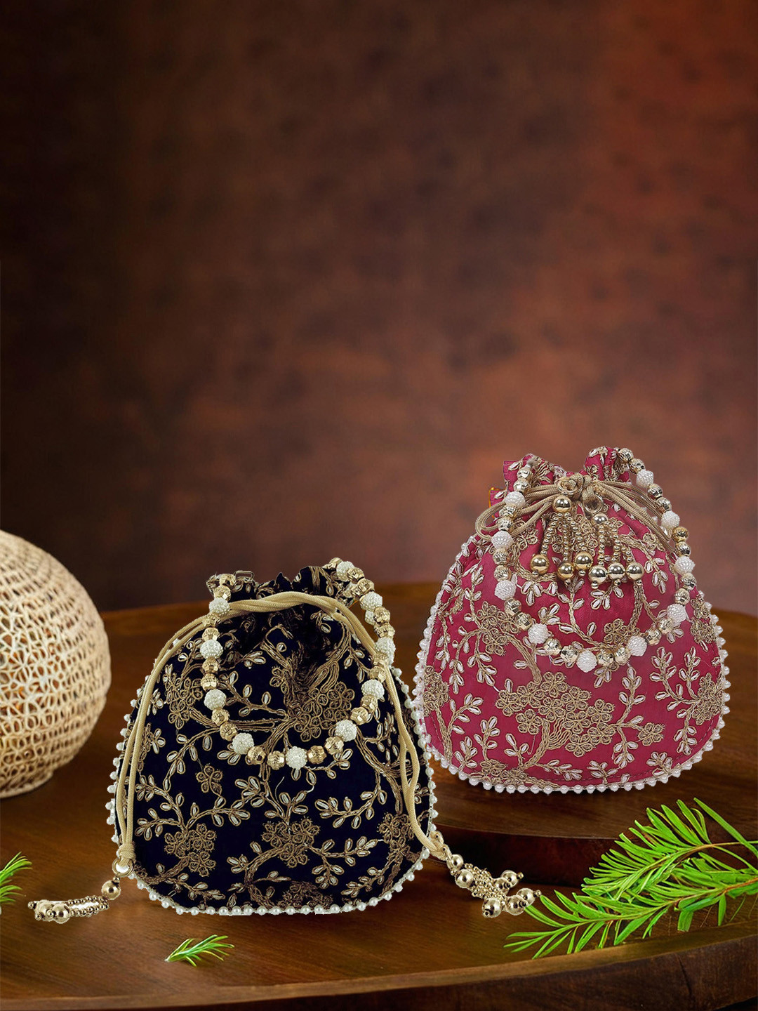 Kuber Industries Pack Of 2 Embroidery Hand Purse With Gold Pearl Border Potli Clutch