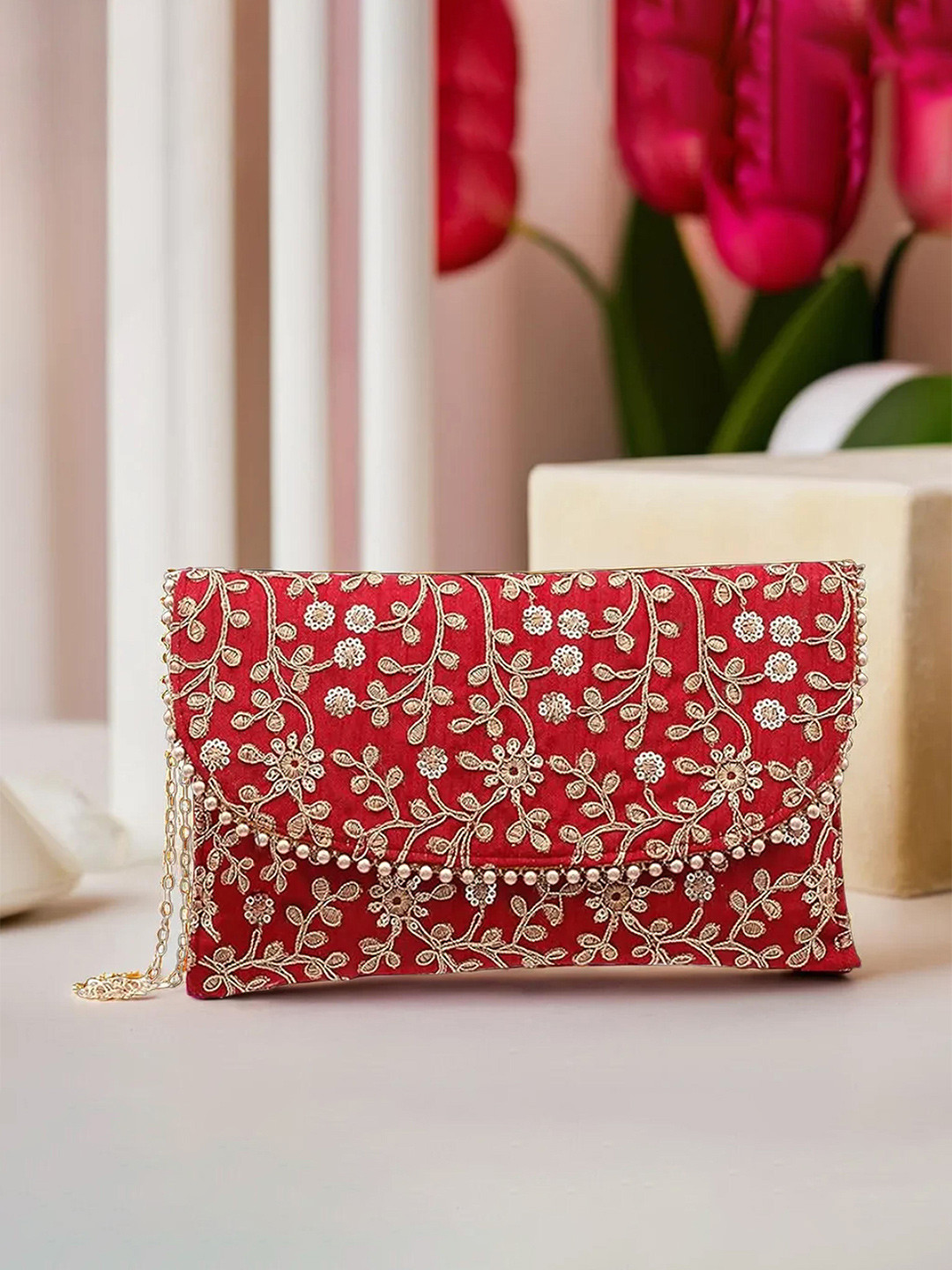 Kuber Industries Embroidery Golden Pearl Border Clutch Hand Purse Magnetic Lock Sling Bag