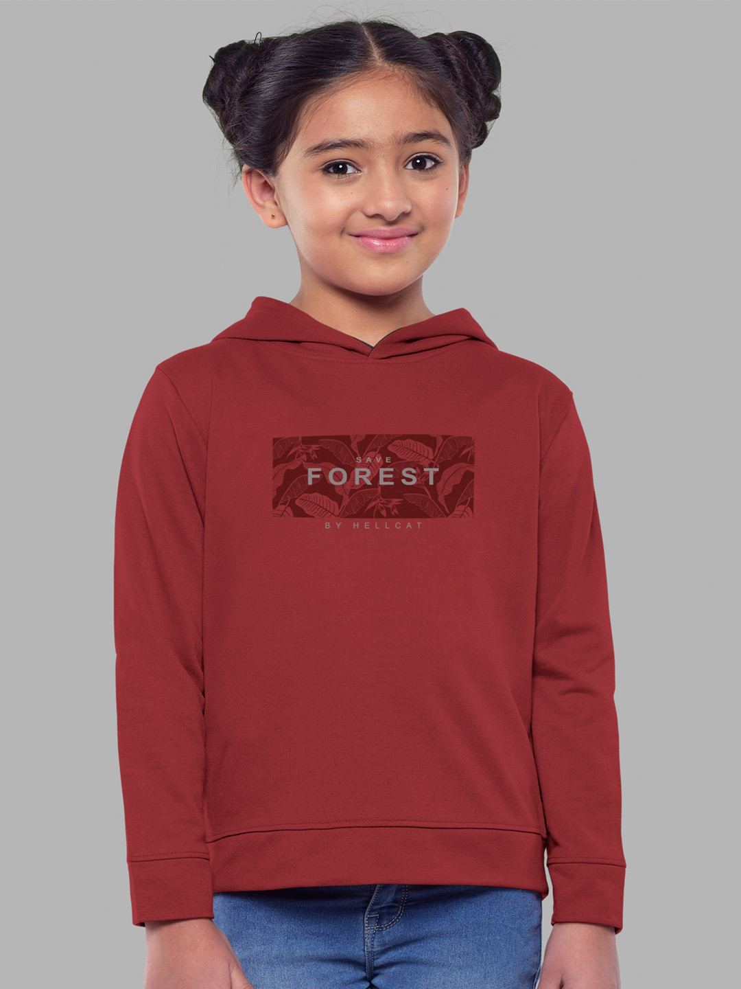 HELLCAT Girls Rust Printed Hooded Cotton Sweatshirt