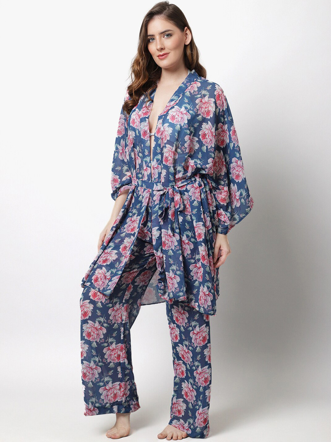 Aoba Women Floral Printed Robe & Palazzo Swim Set