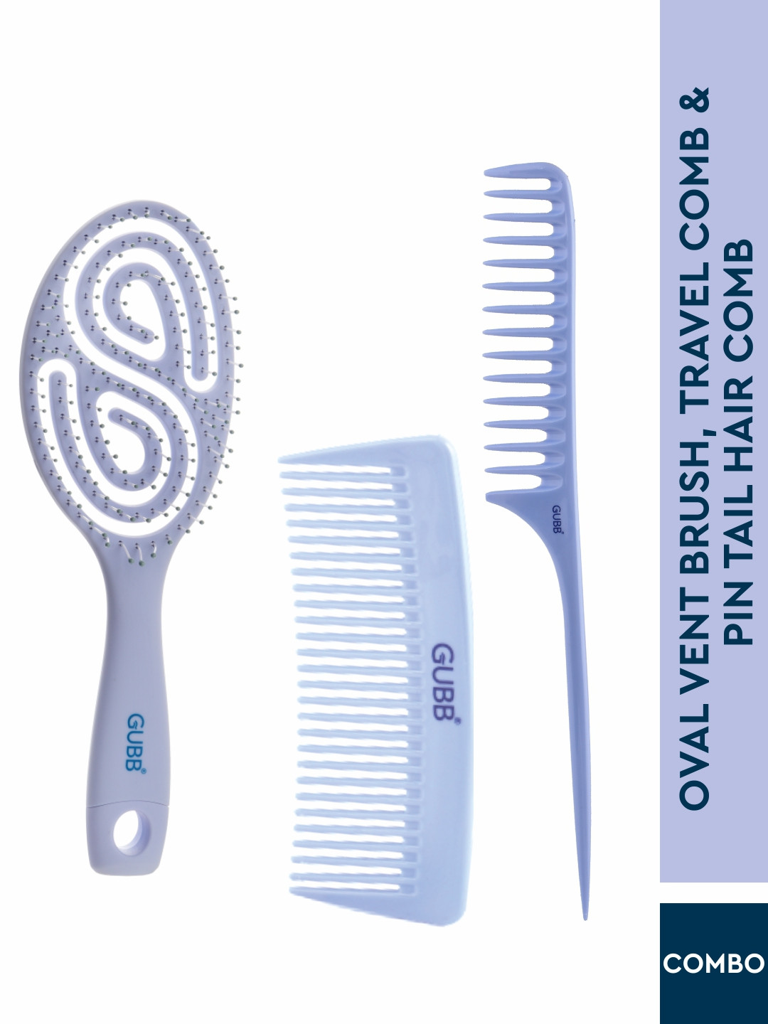 GUBB 3 Piece Oval Vent Brush With Pin Tail & Travel Hair Comb