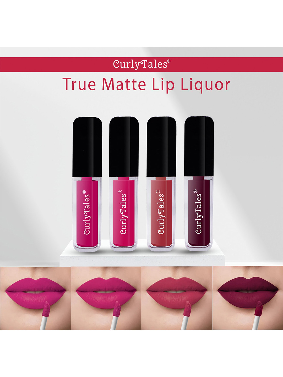 CurlyTales Set of 4 Lightweight & Waterproof True Matte Liquid Lipsticks 4 ml Each- Magenta 04 + Magenta Pink 05+ Brick Red 06 + Wine 15