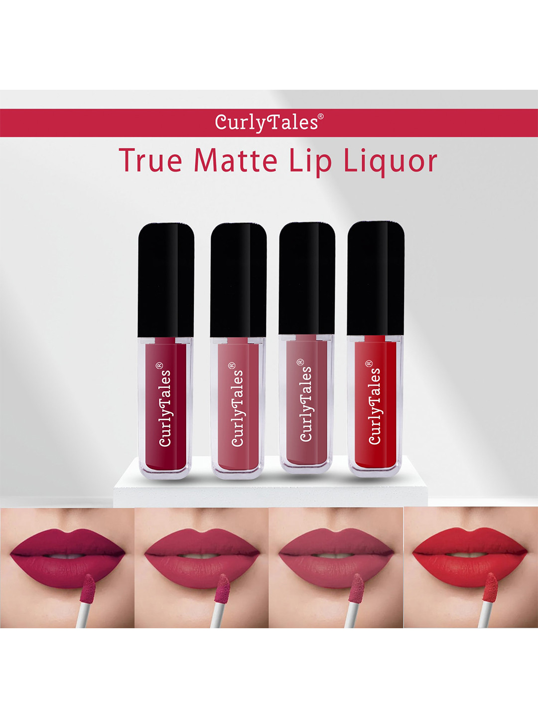 CurlyTales Set of 4 Lightweight & Waterproof True Matte Liquid Lipsticks 12 ml Each- Cherry Red 07 - Pink Nude 08 - Nude 09 - Red 11