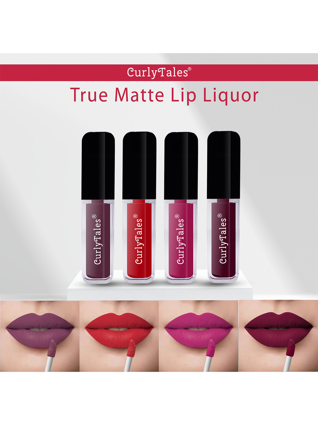 CurlyTales Set of 4 Lightweight & Waterproof True Matte Liquid Lipsticks 12 ml Each- Light Purple 01 - Red 11 - Pink 12 - Wine 15