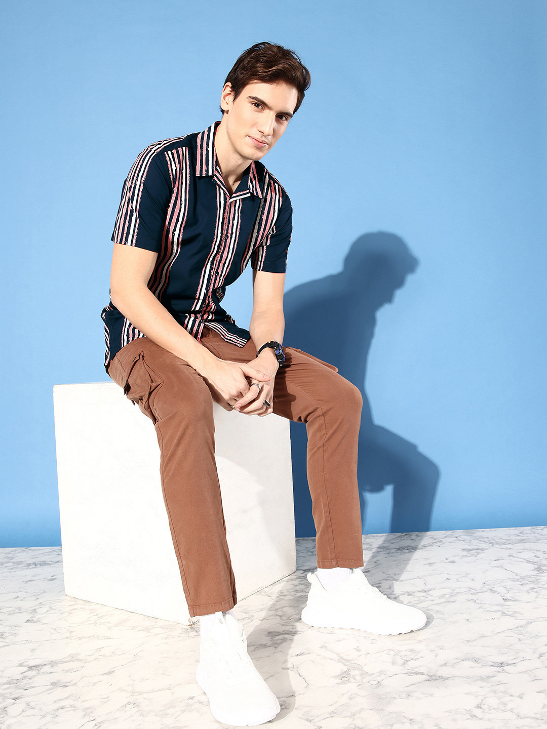 Mast & Harbour Deep Navy Blue Cuban Collar Retro Streaks Casual Shirt