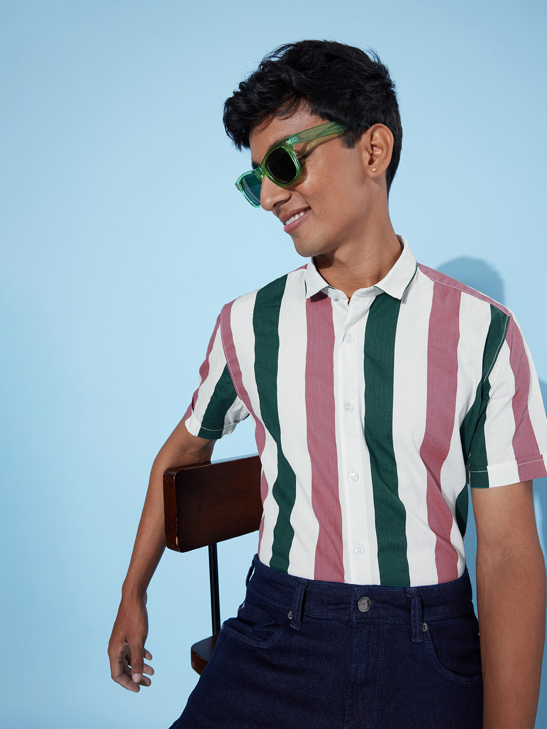 Mast & Harbour Men Snow White Pure Cotton Back to School Retro Streaks Casual Shirt