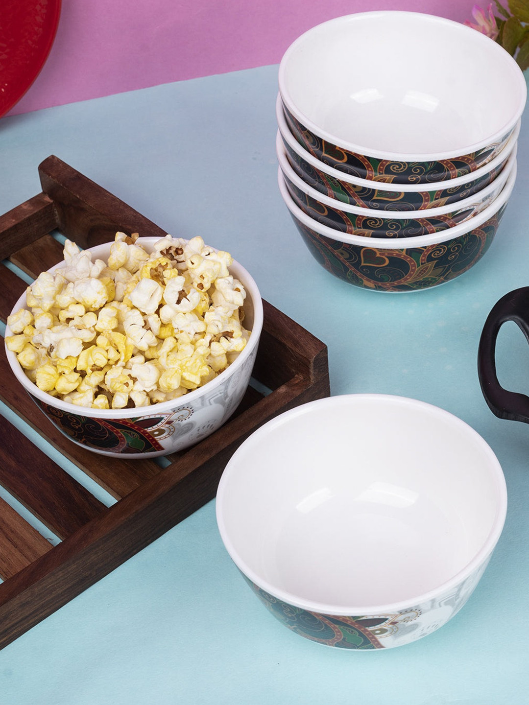 MARKET99 White & Brown 6 Pieces Printed Melamine Matte Bowls - 250 mL