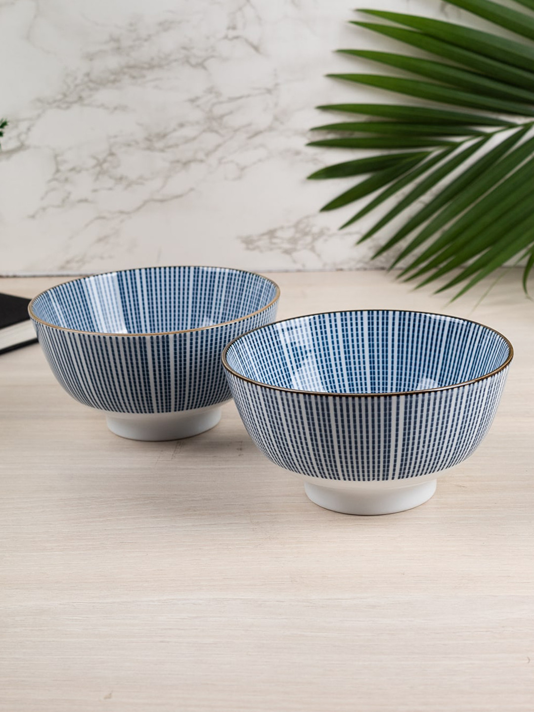 MARKET99 Blue & White Set of 2 Printed Ceramic Matte Bowls