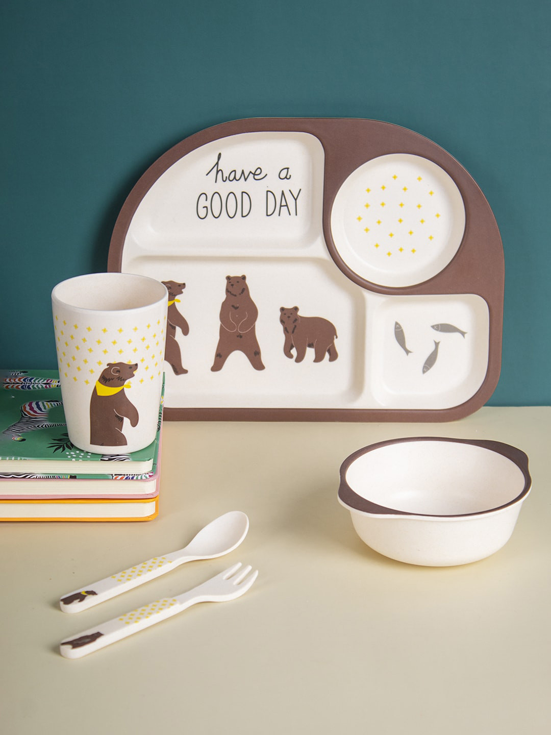 MARKET99 Children Pastel White Animal Print Plastic Dishwasher Safe 5-Piece Dinner Set