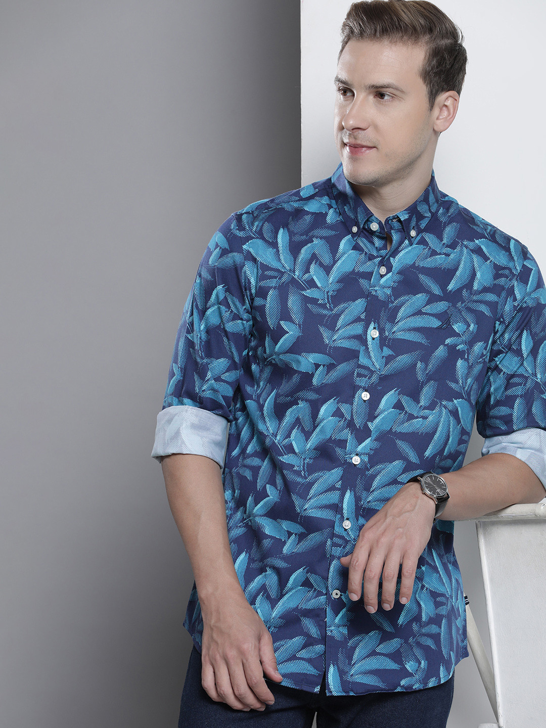 Nautica Button-Down Collar Slim Fit Floral Printed Casual Shirt