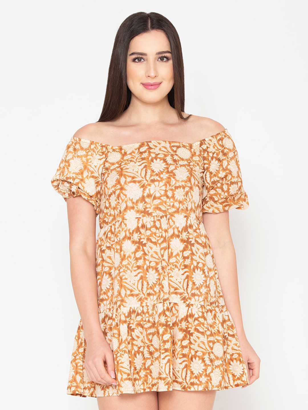 Porsorte Brown Floral Off-Shoulder Mini Dress