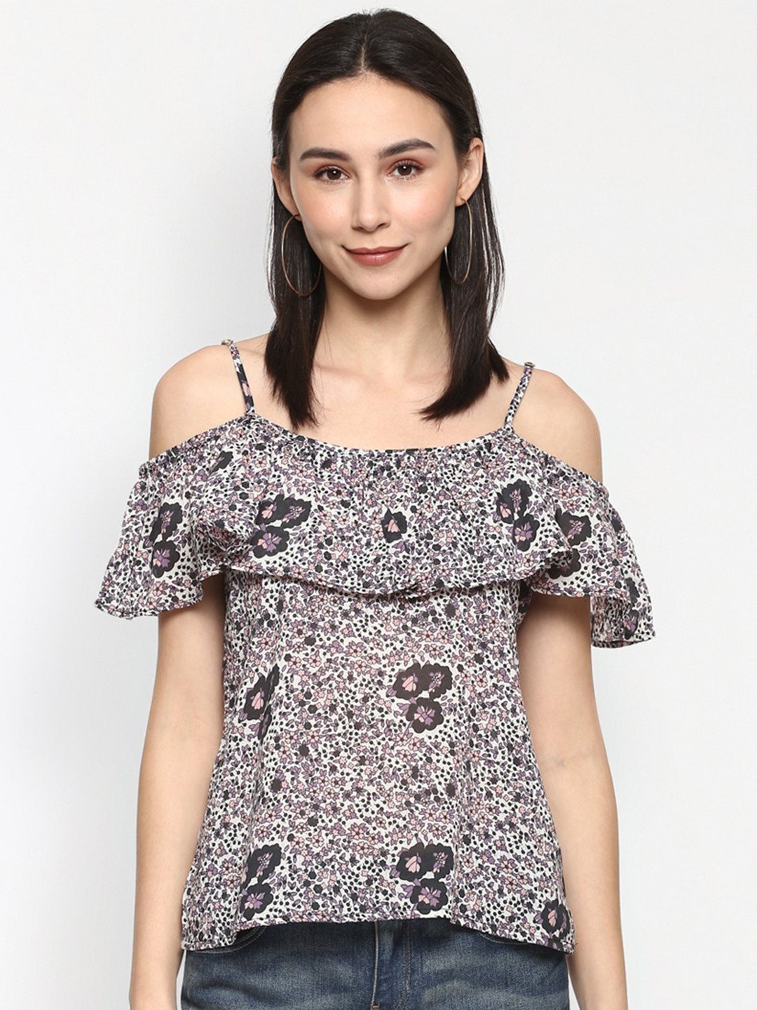 Porsorte Printed Floral Cold Shoulder Pure Cotton Top