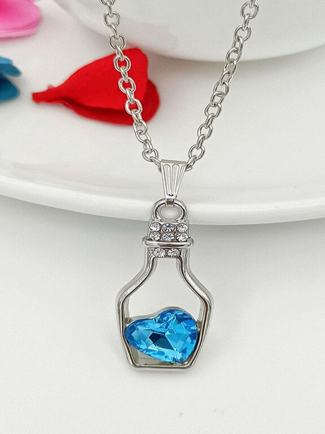 Fashion Frill Crystal Heart Bottle Pendant Silver-Plated Necklace