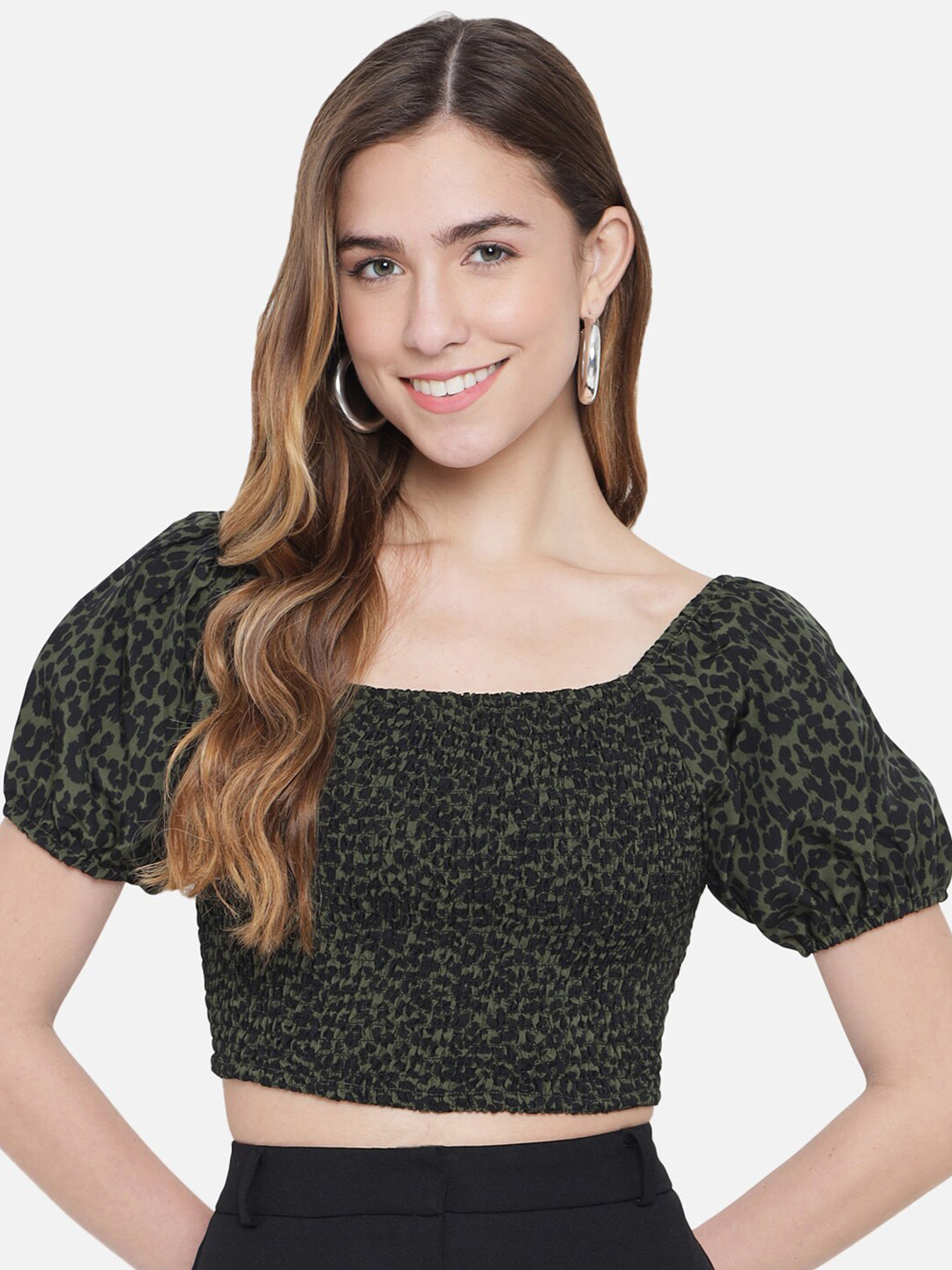 Trend Arrest Animal Printed Smocked Crop Top